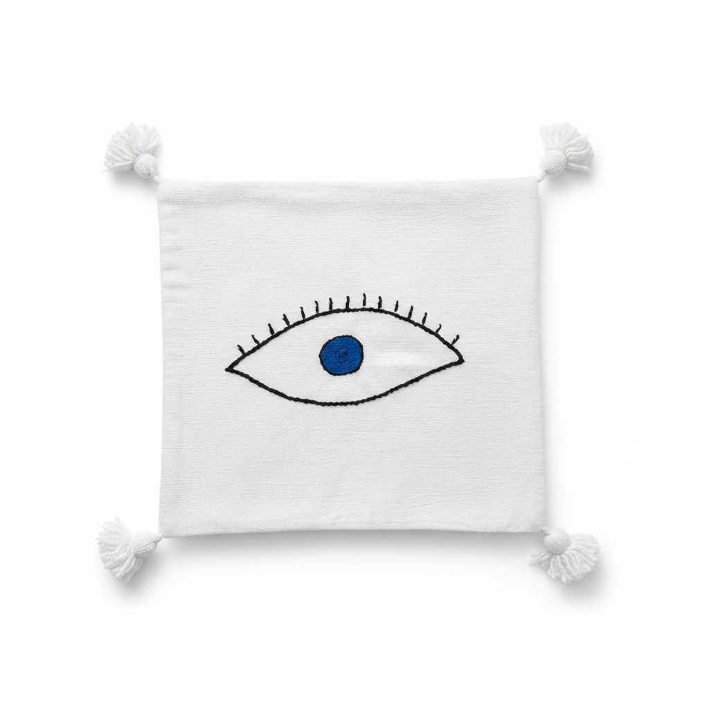 Housse de coussin œil protecteur brodé blanc cassé et bleu — pompons artisanat marocain fait main