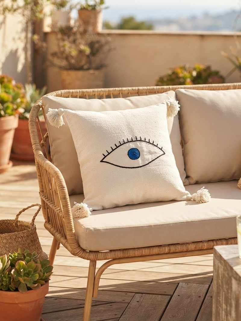 Housse de coussin œil protecteur brodé blanc cassé et bleu — pompons artisanat marocain fait main