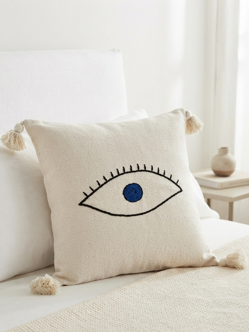 Housse de coussin œil protecteur brodé blanc cassé et bleu — pompons artisanat marocain fait main