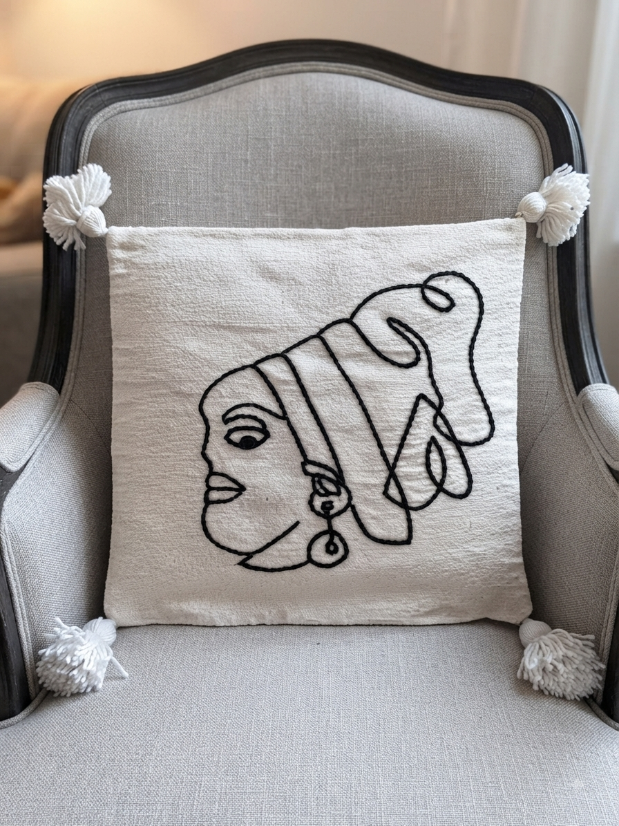 Housse de coussin visage femme brodé blanc cassé et noir — pompons artisanat marocain fait main