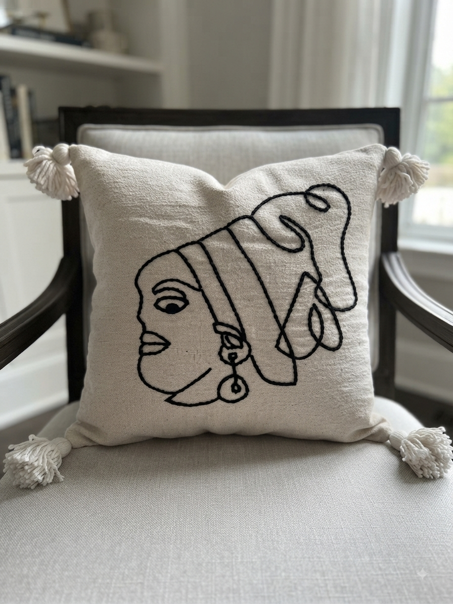 Housse de coussin visage femme brodé blanc cassé et noir — pompons artisanat marocain fait main