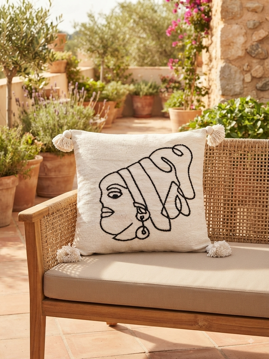 Housse de coussin visage femme brodé blanc cassé et noir — pompons artisanat marocain fait main