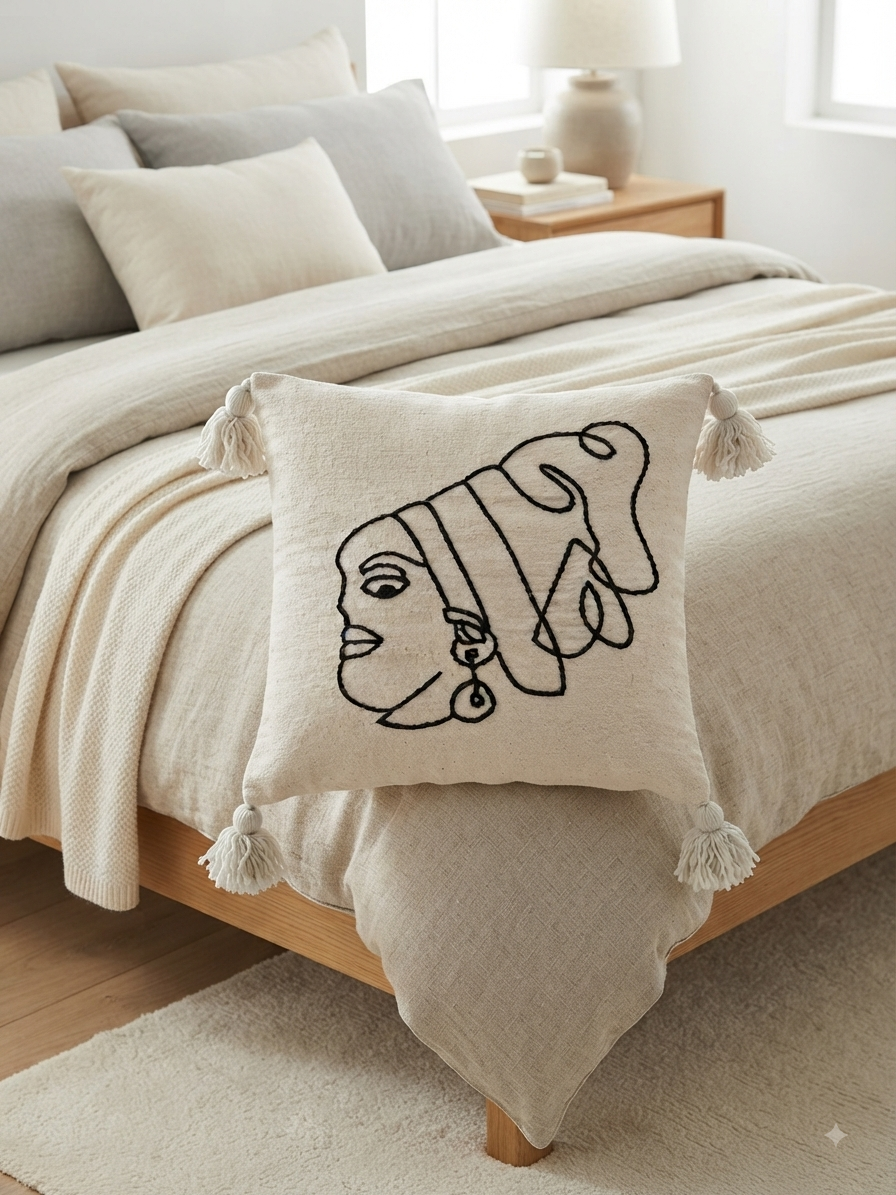 Housse de coussin visage femme brodé blanc cassé et noir — pompons artisanat marocain fait main