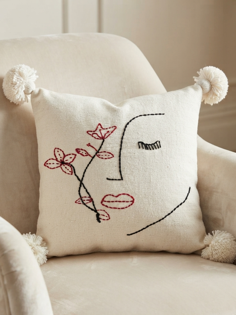 Housse de coussin visage fleuri brodé blanc cassé et rouge — pompons artisanat marocain fait main