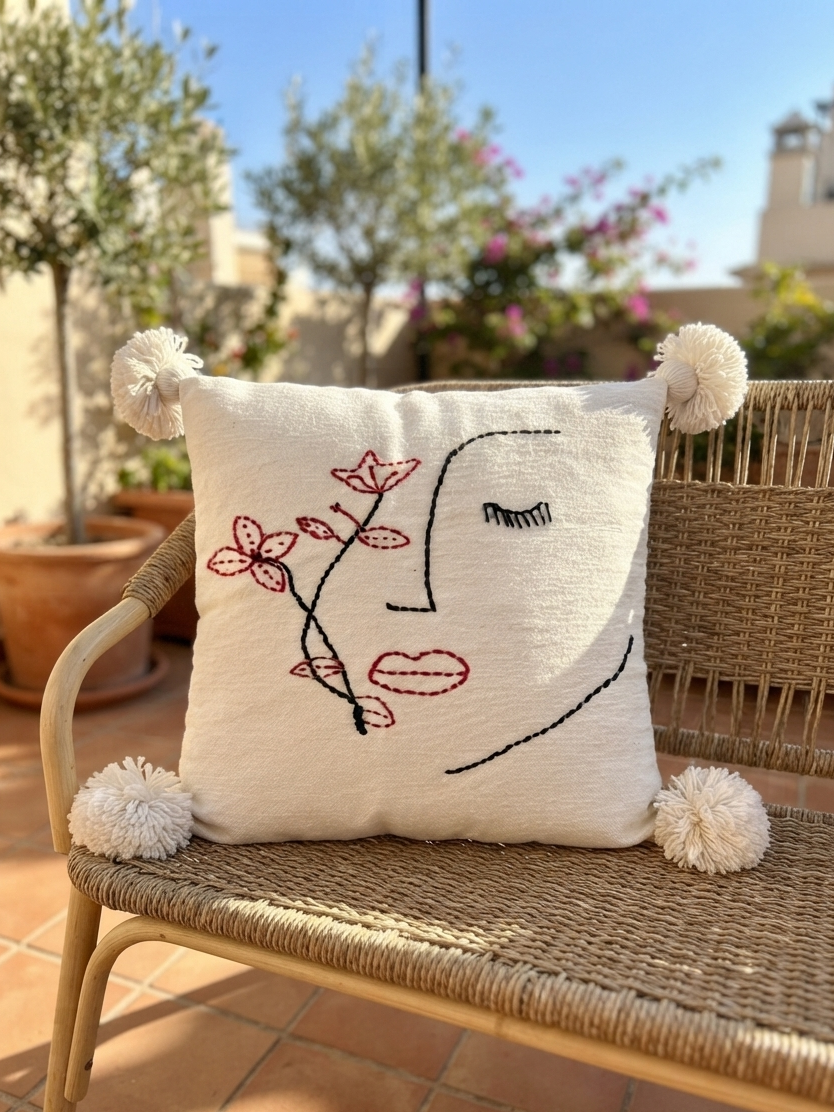 Housse de coussin visage fleuri brodé blanc cassé et rouge — pompons artisanat marocain fait main