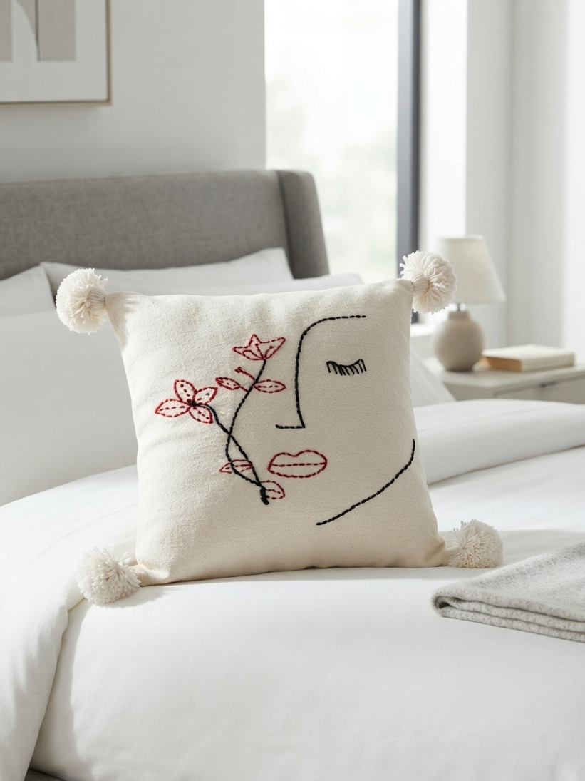 Housse de coussin visage fleuri brodé blanc cassé et rouge — pompons artisanat marocain fait main