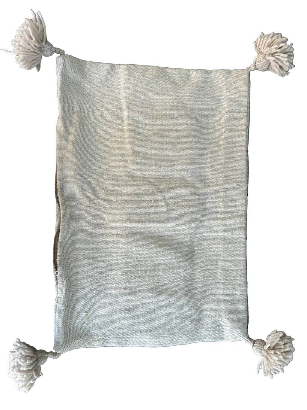 Housse de coussin Habibi blanc cassé et bleu — pompons artisanat marocain fait main