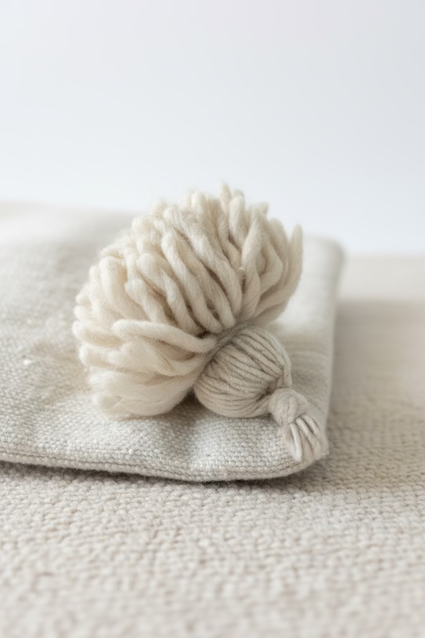 Housse de coussin Habibi blanc cassé et bleu — pompons artisanat marocain fait main