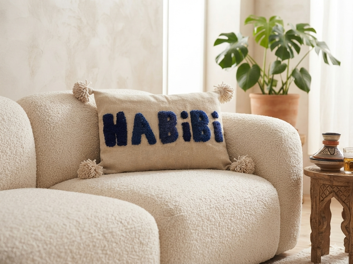 Housse de coussin Habibi blanc cassé et bleu — pompons artisanat marocain fait main