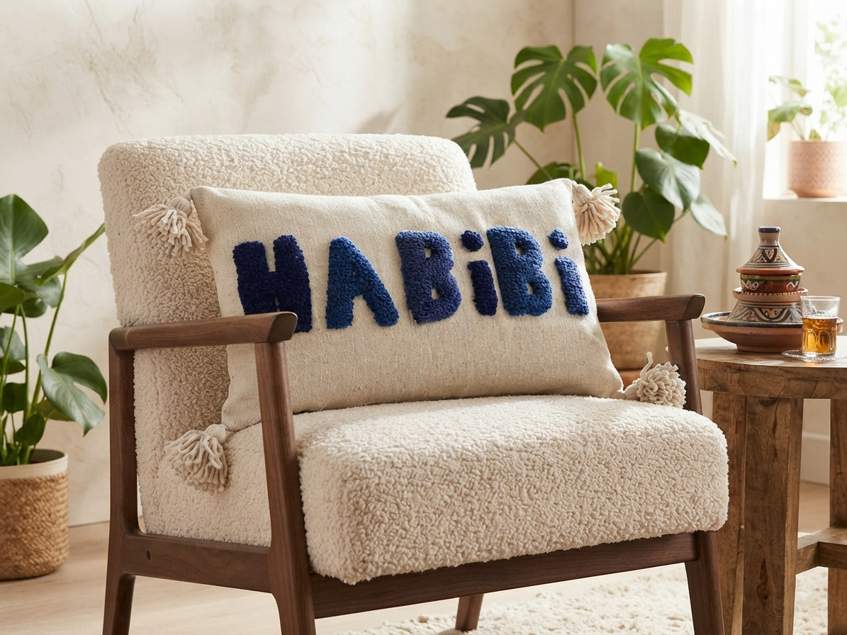 Housse de coussin Habibi blanc cassé et bleu — pompons artisanat marocain fait main