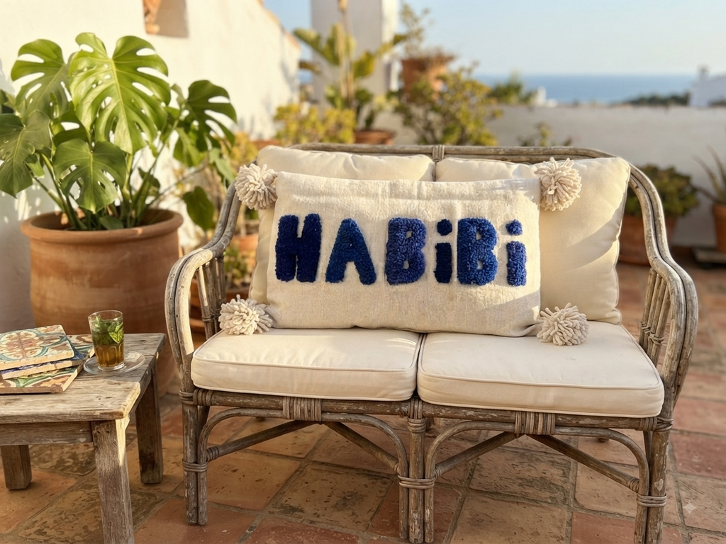 Housse de coussin Habibi blanc cassé et bleu — pompons artisanat marocain fait main