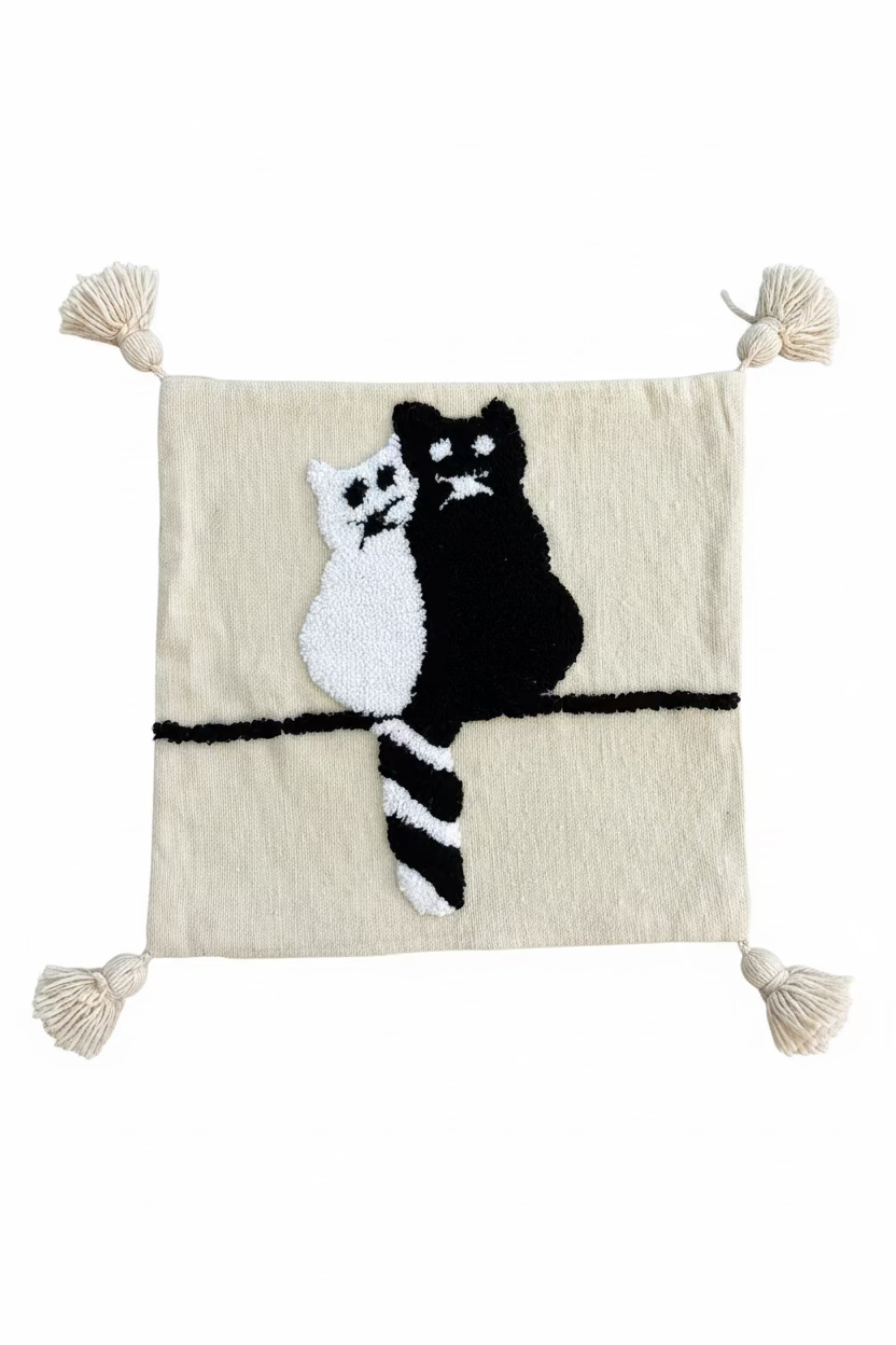 Housse de coussin chats noir et blanc tufting — pompons berbères artisanat marocain fait main