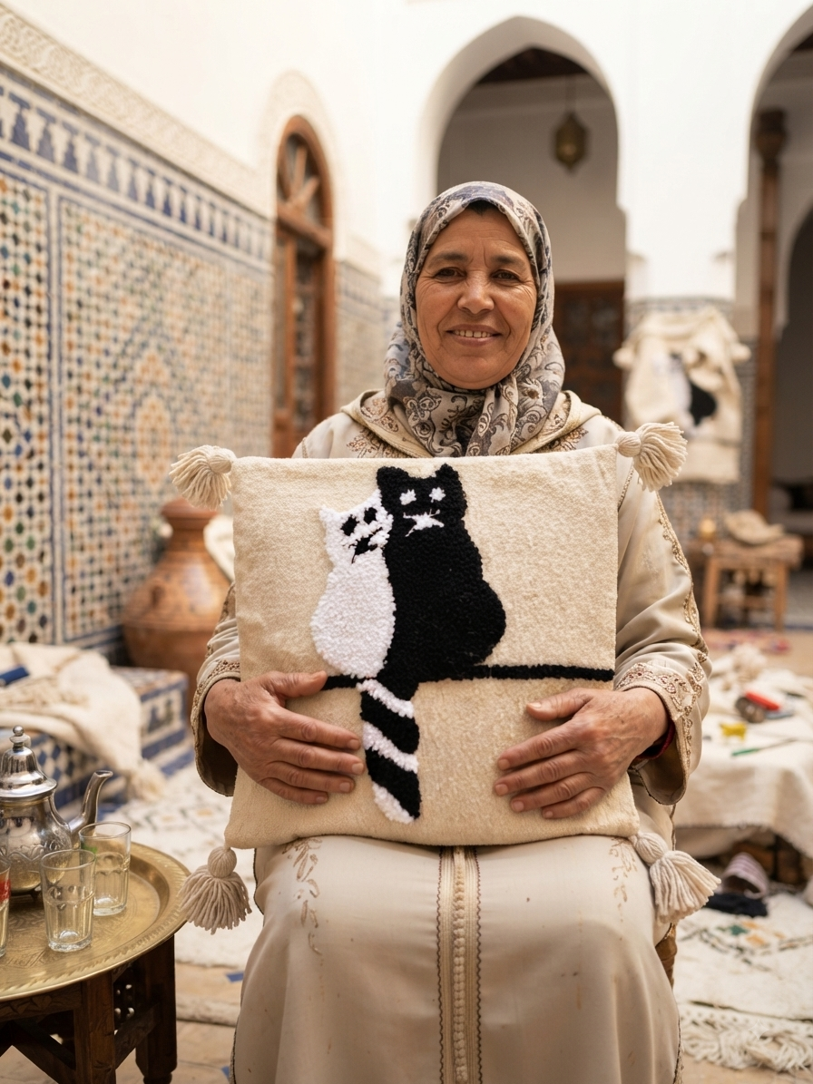 Housse de coussin chats noir et blanc tufting — pompons berbères artisanat marocain fait main