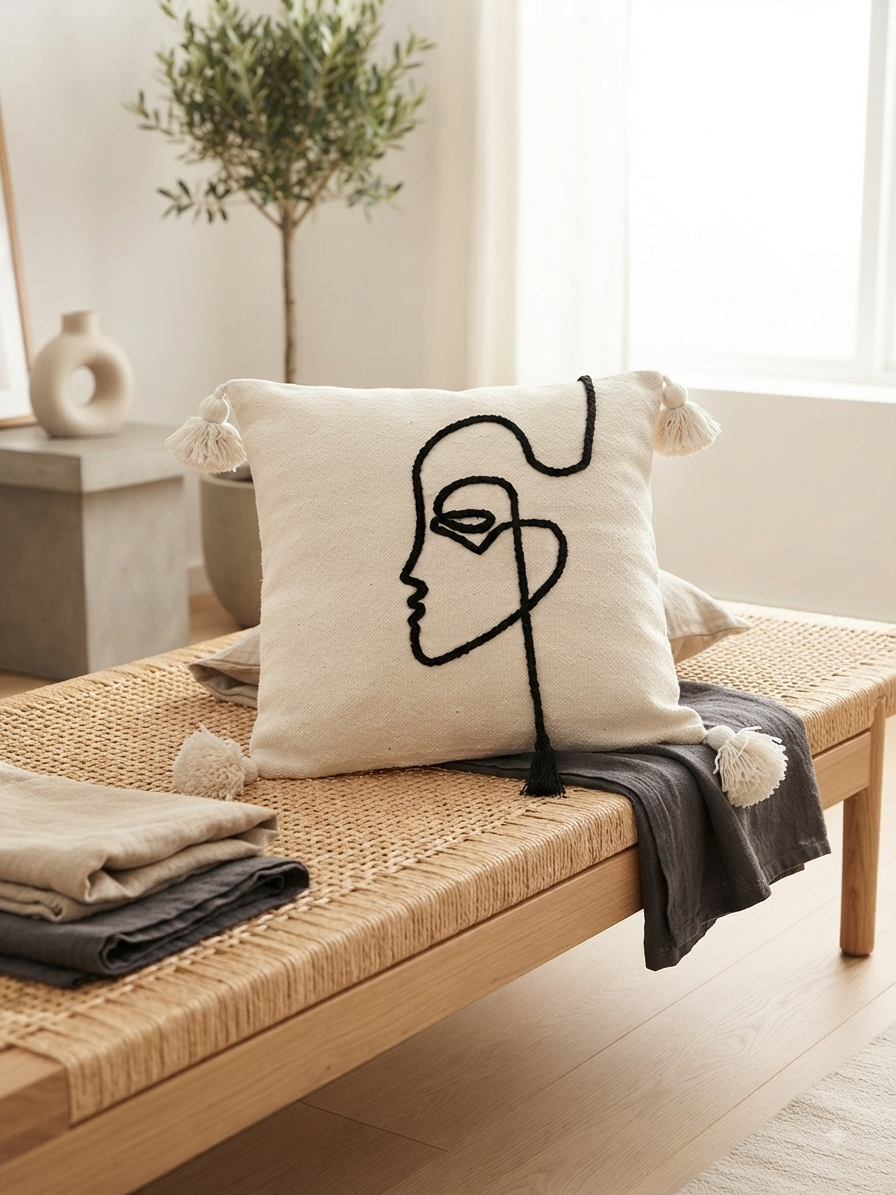 Housse de coussin visage de profil one line brodé ivoire et noir — pompons artisanat marocain fait main