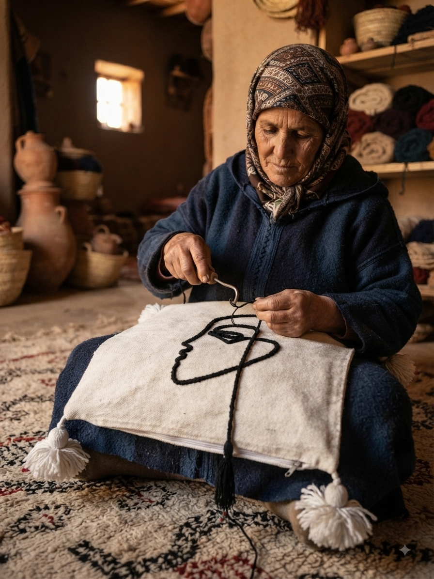 Housse de coussin visage de profil one line brodé ivoire et noir — pompons artisanat marocain fait main