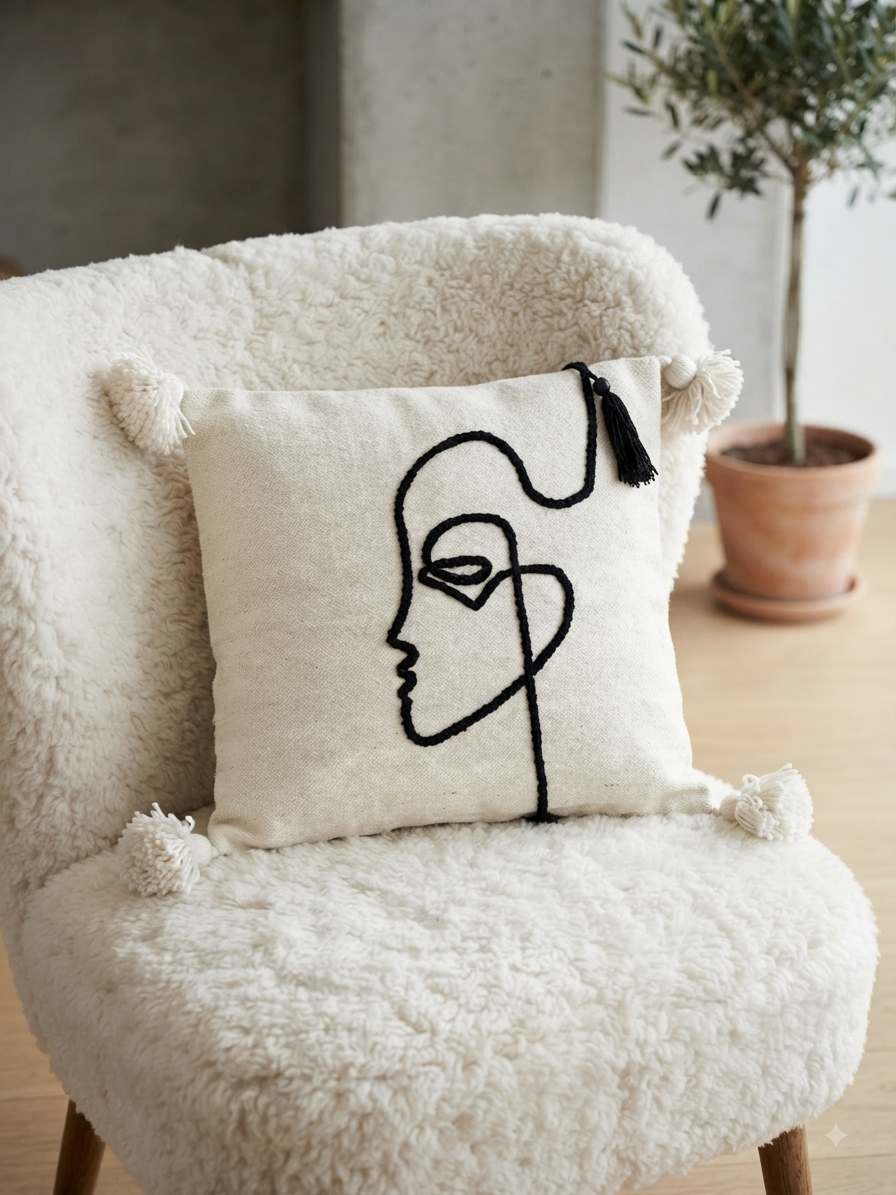 Housse de coussin visage de profil one line brodé ivoire et noir — pompons artisanat marocain fait main 