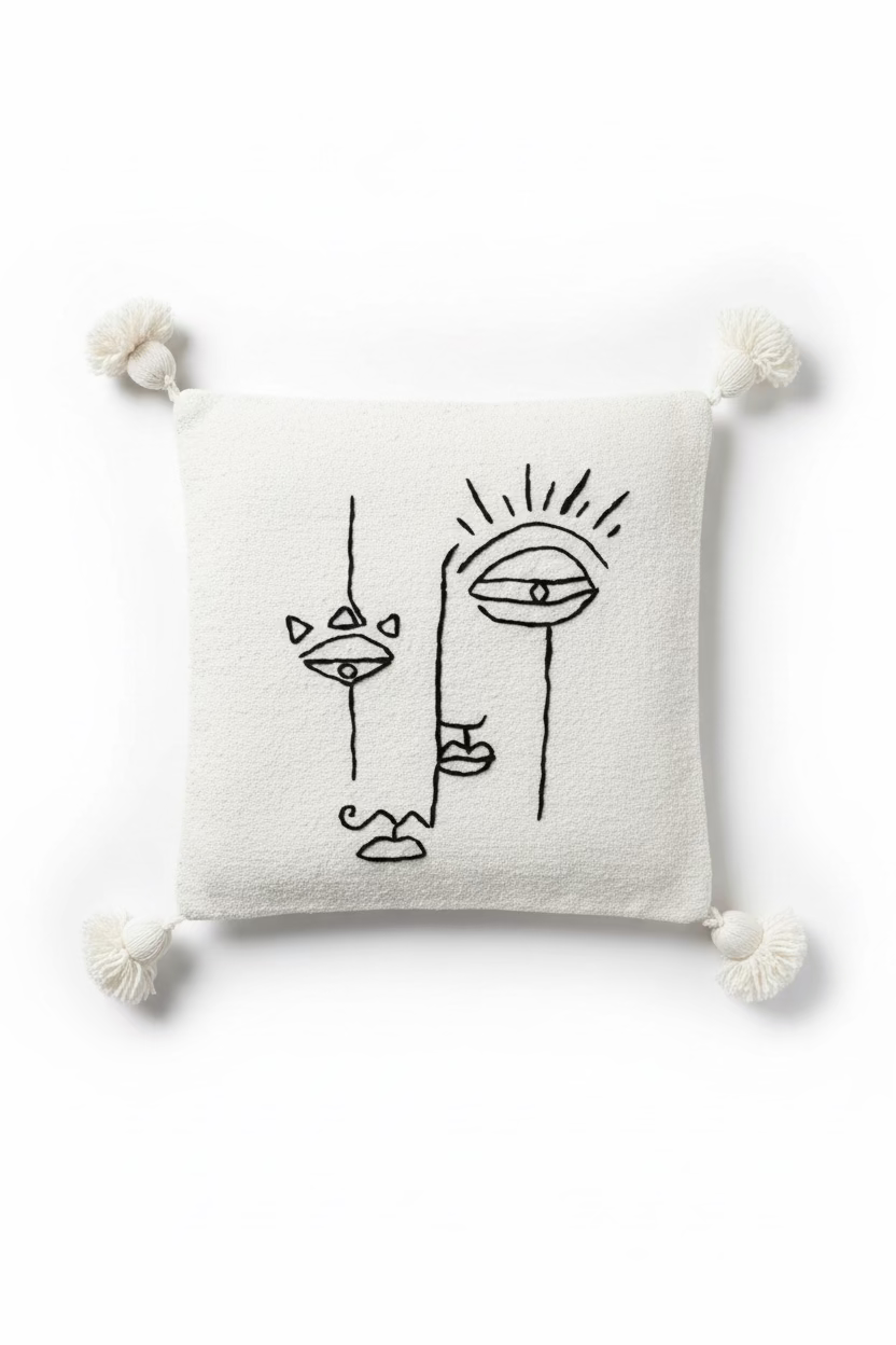 Housse de coussin visage de profil one line brodé ivoire et noir — pompons artisanat marocain fait main
