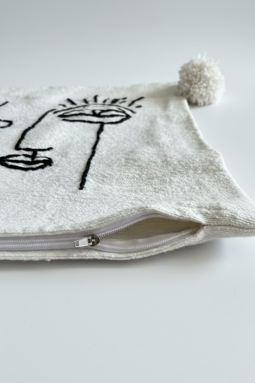 Housse de coussin visage de profil one line brodé ivoire et noir — pompons artisanat marocain fait main