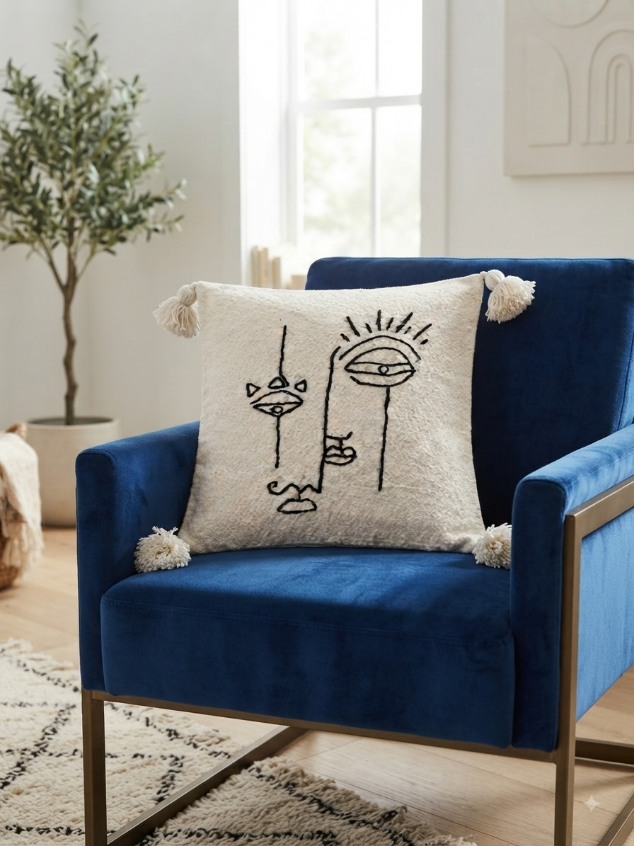 Housse de coussin visage de profil one line brodé ivoire et noir — pompons artisanat marocain fait main