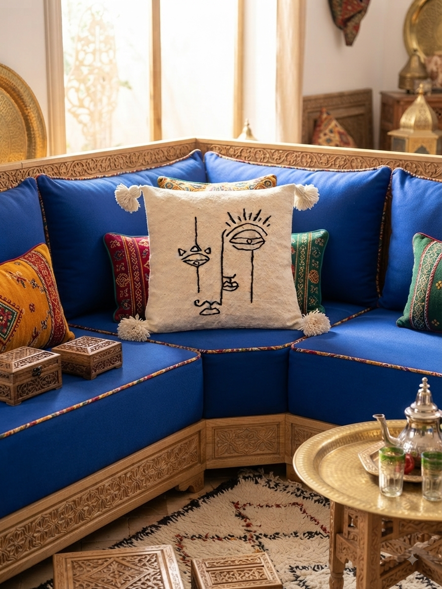 Housse de coussin visage de profil one line brodé ivoire et noir — pompons artisanat marocain fait main