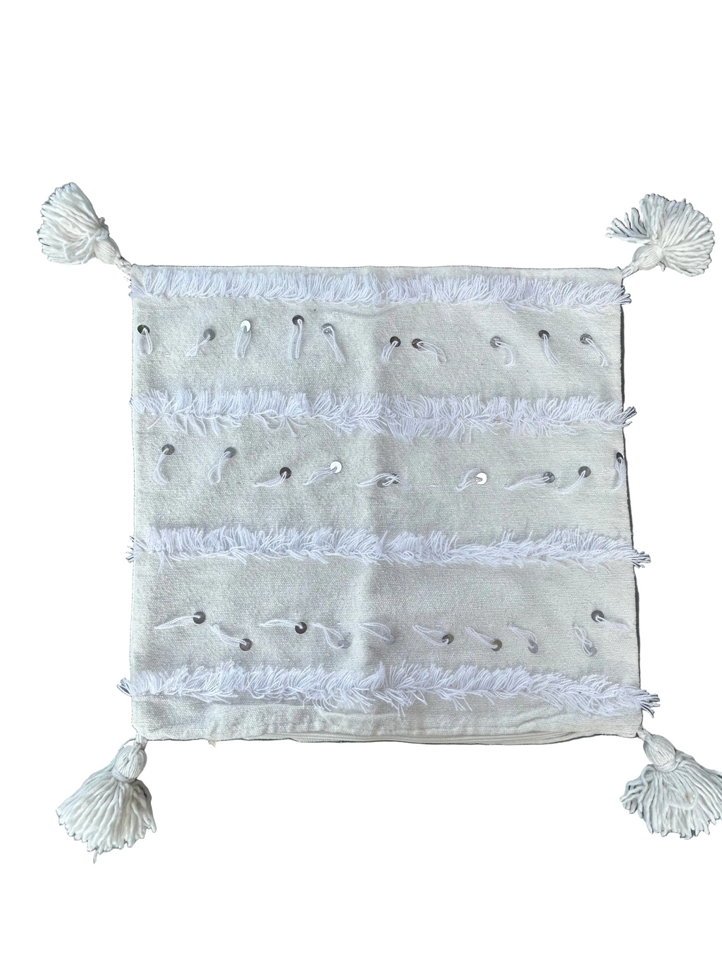 Lot de 2 housses de coussins berbères blanches — franges et sequins argentés 50 x 50 cm