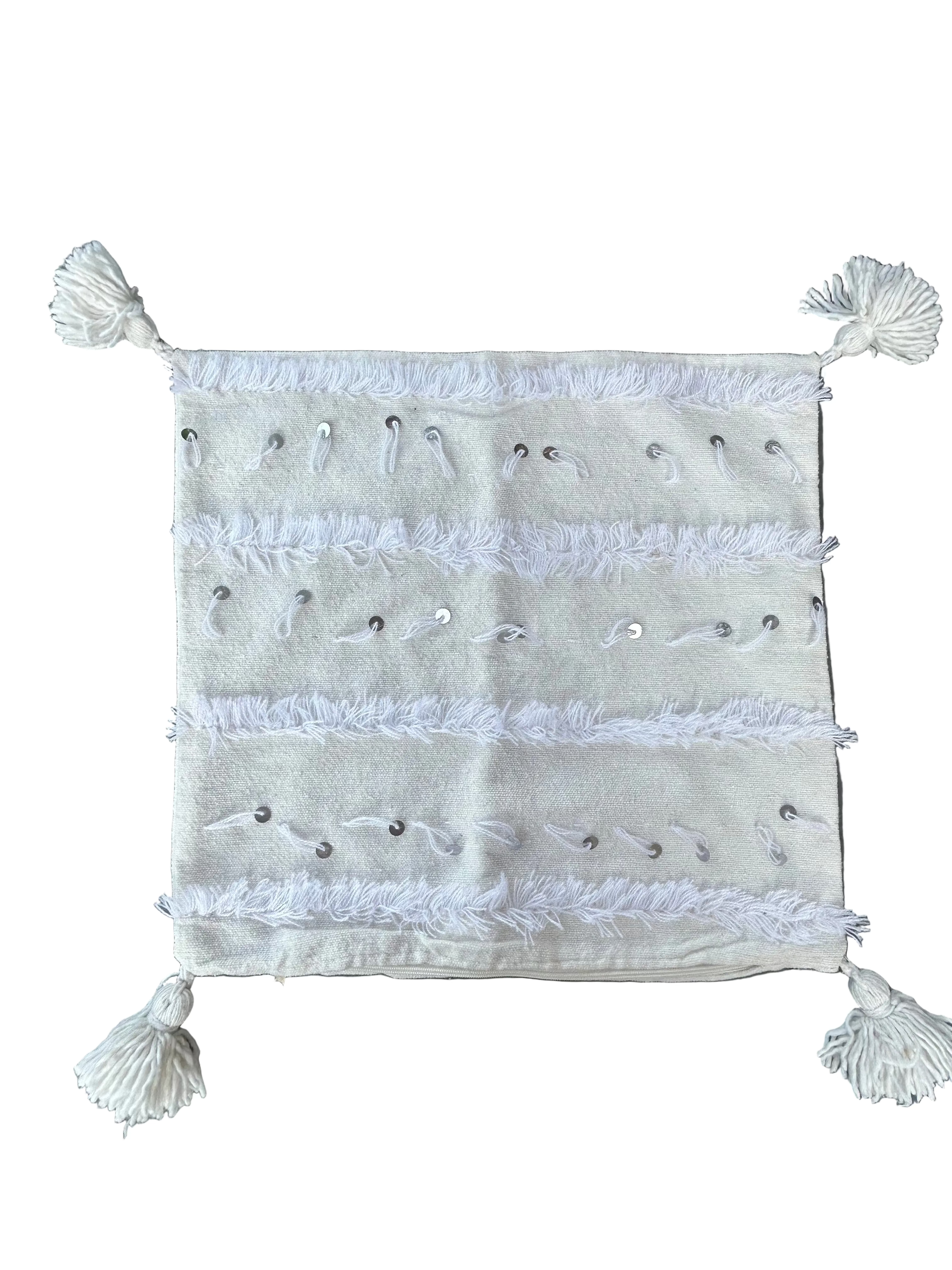 Lot de 2 housses de coussins berbères blanches — franges et sequins argentés 50 x 50 cm