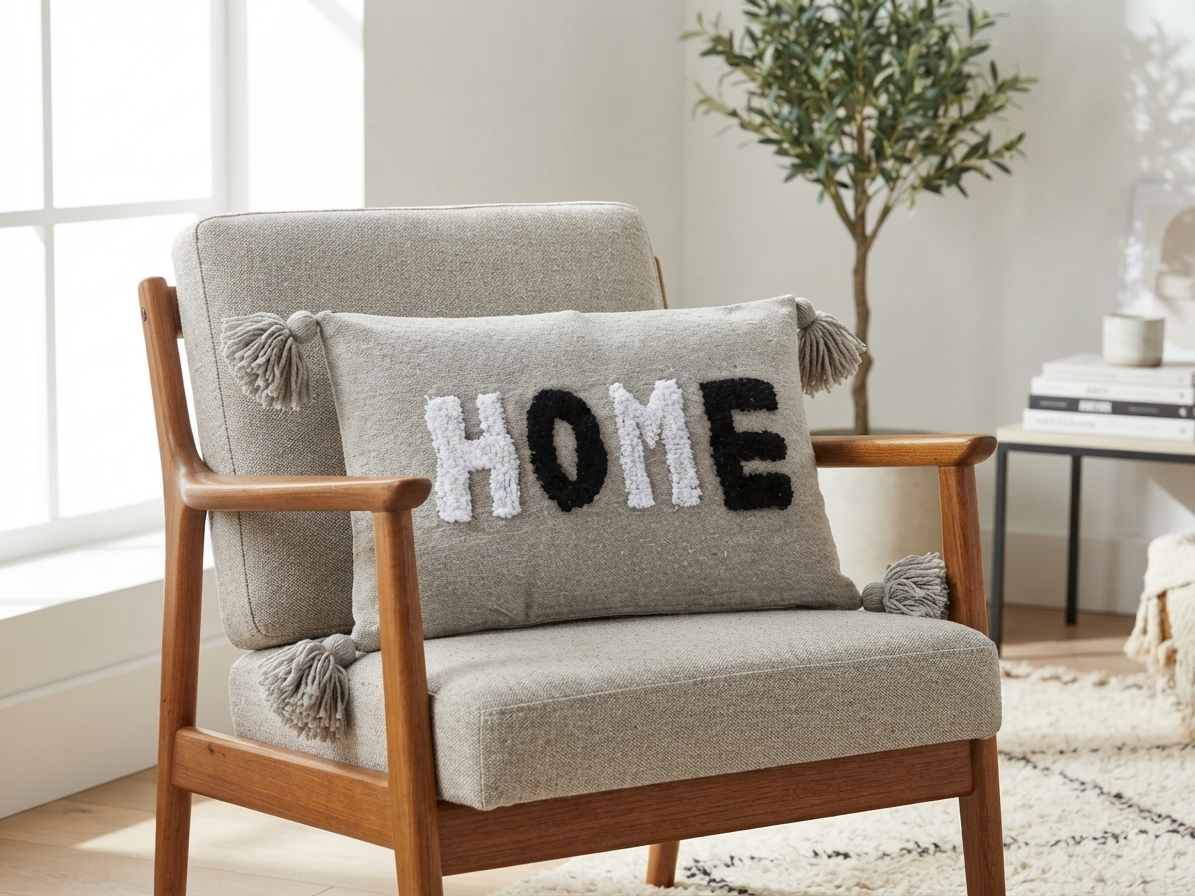 Housse de coussin berbère – vue de face broderie et pompons