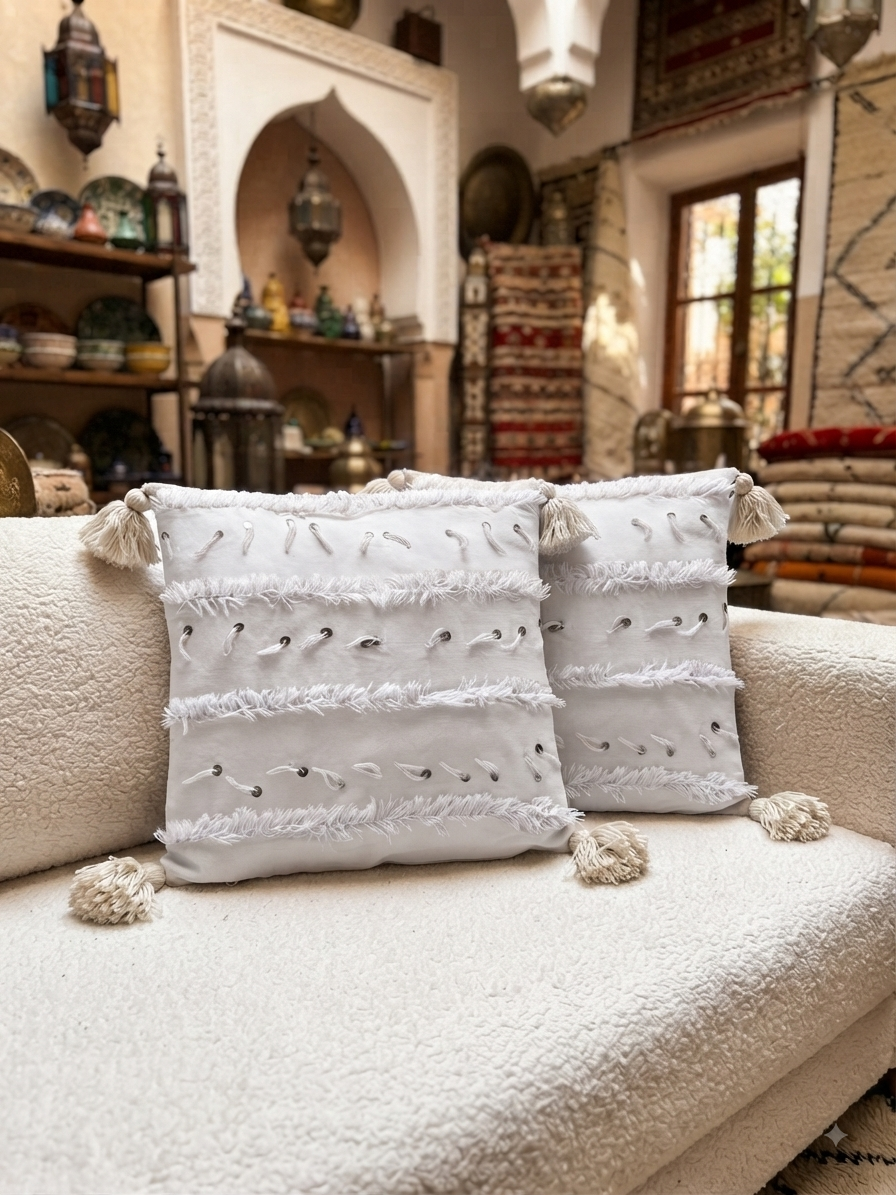Lot de 2 housses de coussins berbères blanches – franges et sequins argentés cousus main – pompons – 50x50 cm