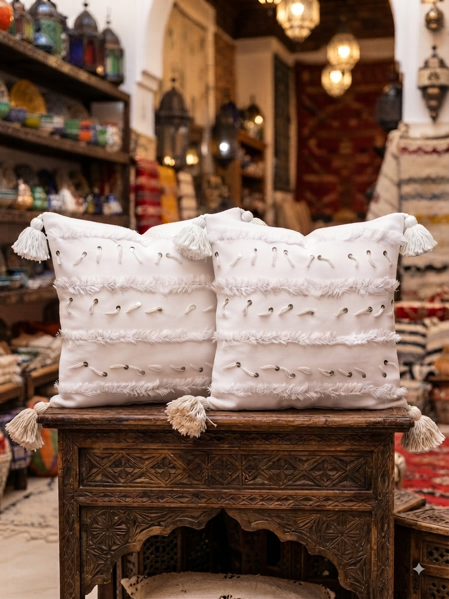 Lot de 2 housses de coussins berbères blanches — franges et sequins argentés 50 x 50 cm