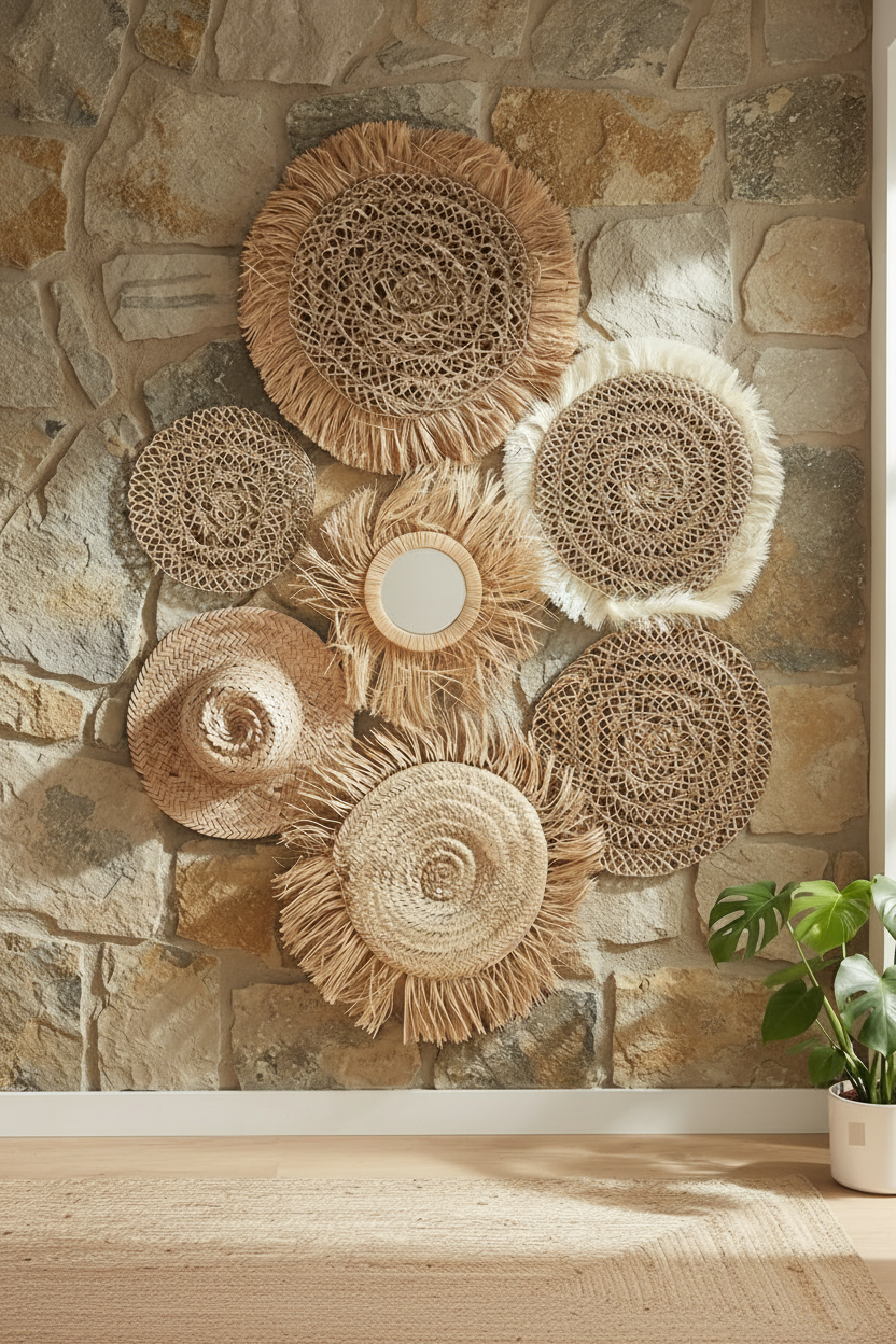 Set décoration murale raphia et fibres naturelles – miroir frangé et paniers tressés fait main Maroc