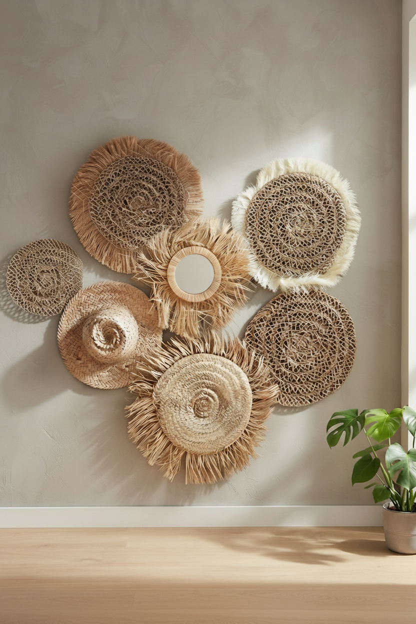 Décoration murale en raphia et fibres naturelles tressées fait main – set mural boho marocain