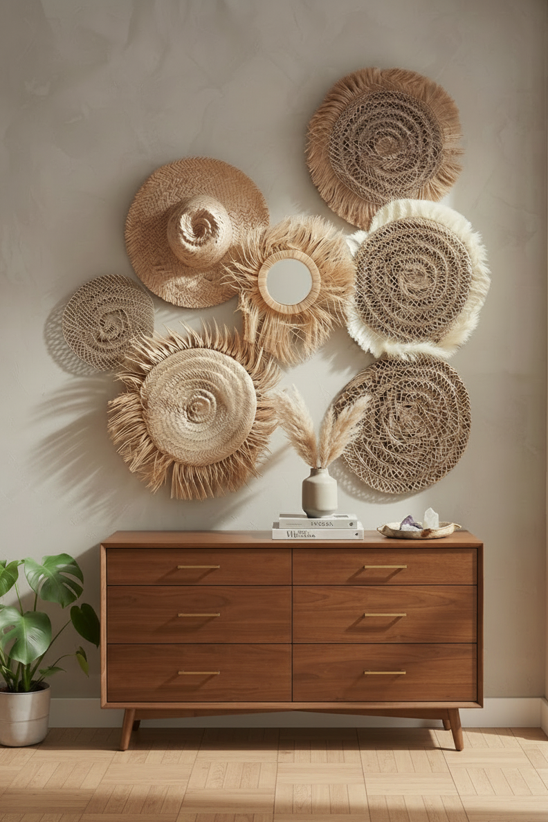 Set mural en fibres naturelles et raphia tressé fait main – décoration salon bohème marocain