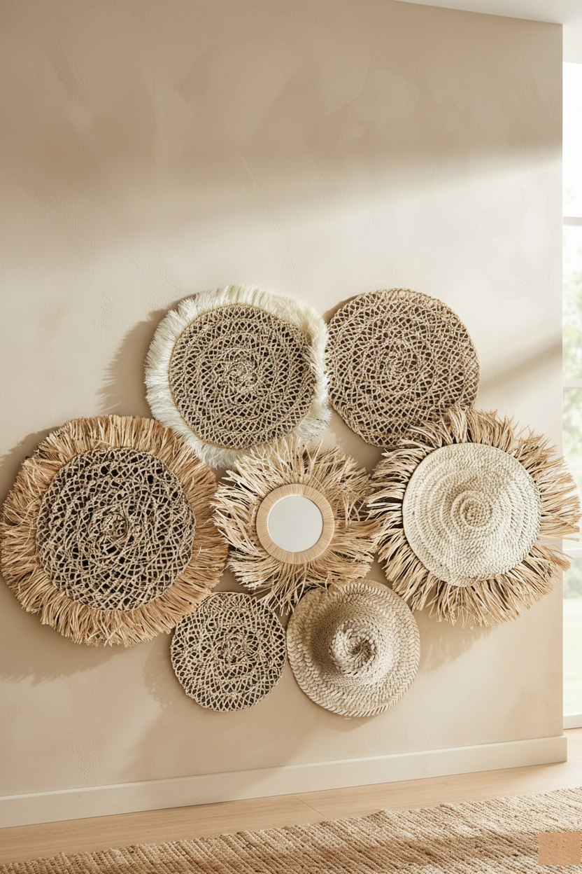 Set mural artisanal en raphia naturel et fibres tressées – décoration murale bohème fait main