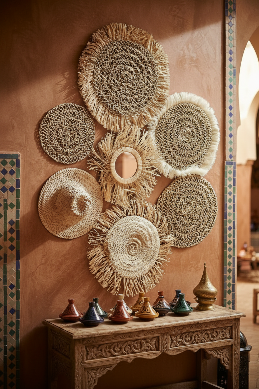 Set décoration murale raphia tressé et miroir frangé fait main – style riad marocain bohème