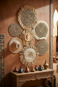 Set décoration murale raphia tressé et miroir frangé fait main – style riad marocain bohème