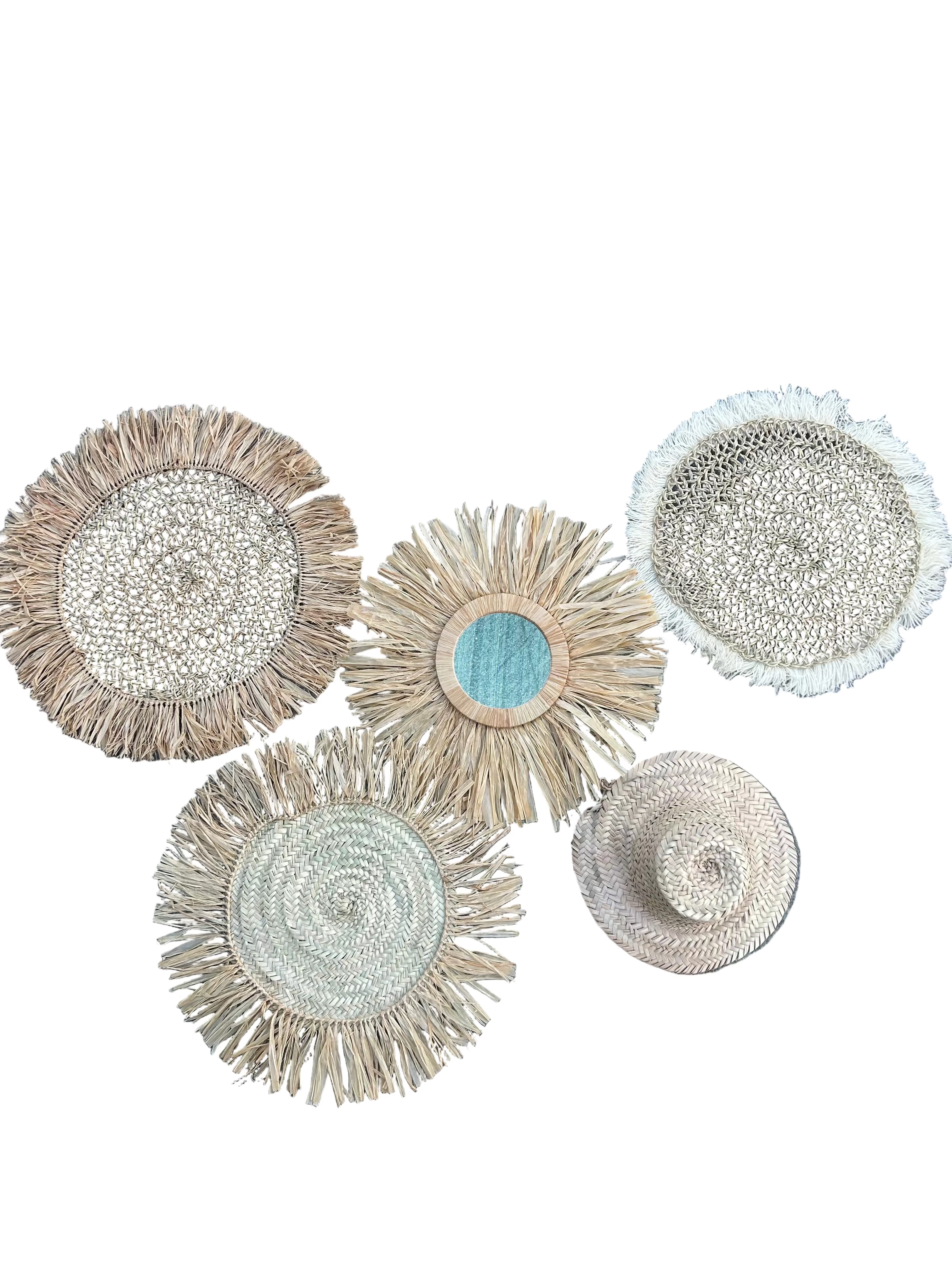 Set mural artisanal marocain 5 pièces – chapeau de paille et miroir raphia naturel fait main