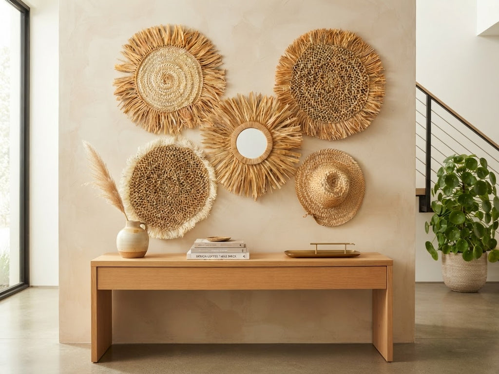 Lot décoration murale 5 pièces chapeau paille et miroir raphia frangé – artisanat marocain fait main
