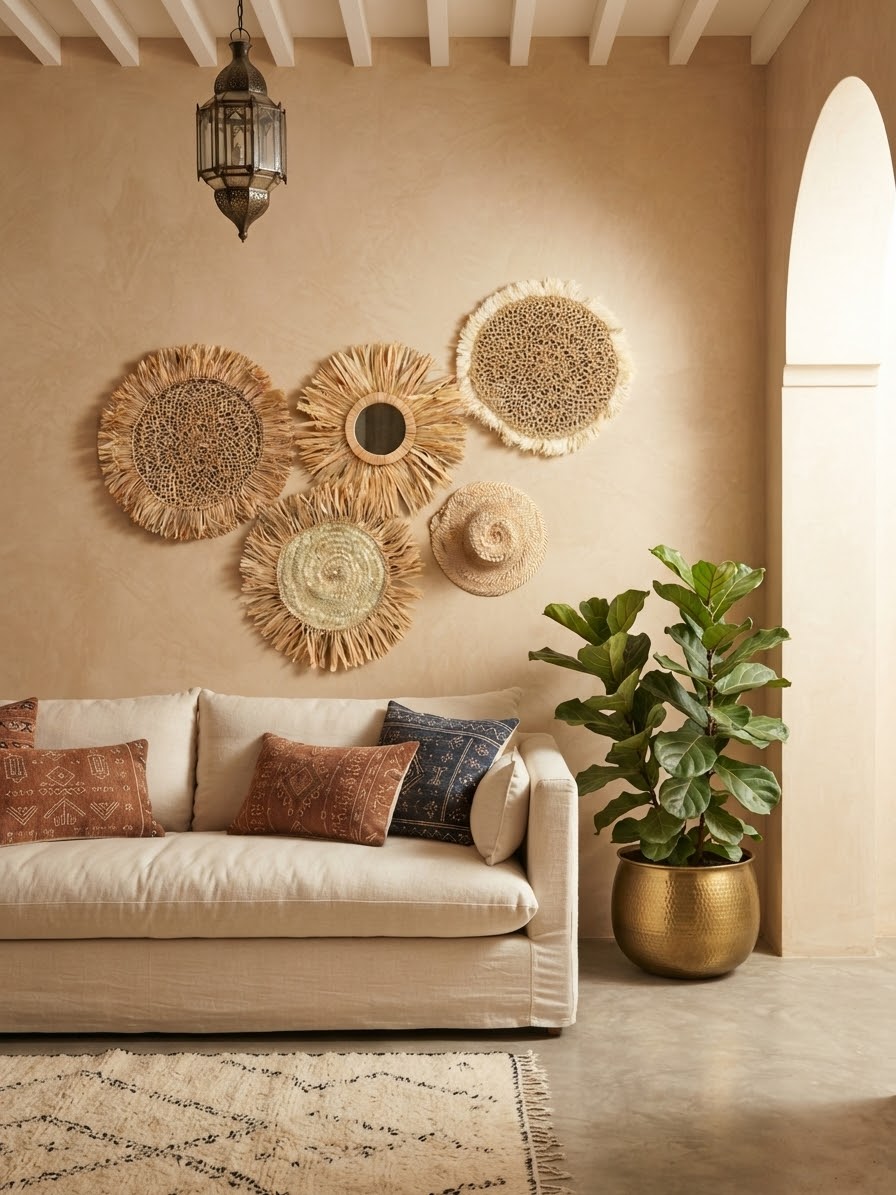 Lot décoration murale marocaine 5 pièces – chapeau paille et miroir raphia frangé style riad