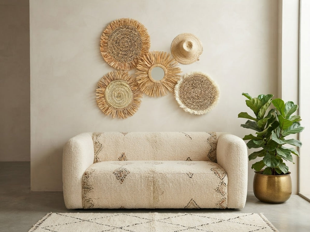Set mural bohème 5 pièces raphia et paille fait main – décoration salon marocain moderne