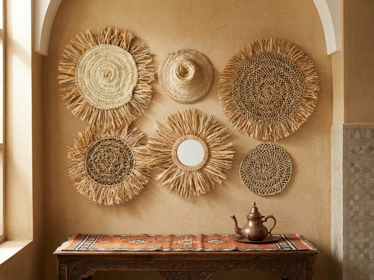 Collection murale artisanale marocaine 6 pièces – paniers berbères et miroir raphia fait main