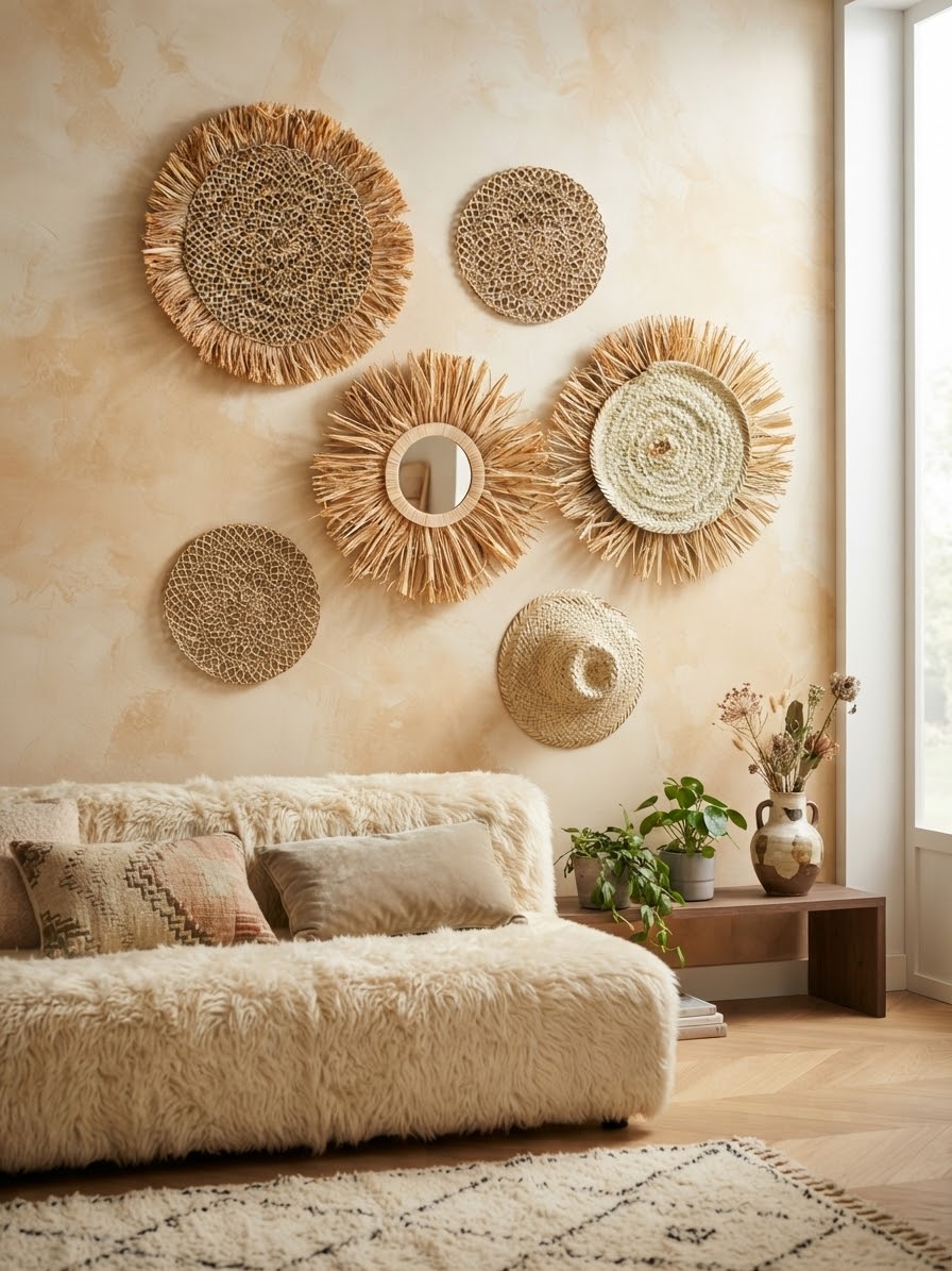 Set mural berbère 6 pièces raphia et osier fait main – décoration salon bohème marocain