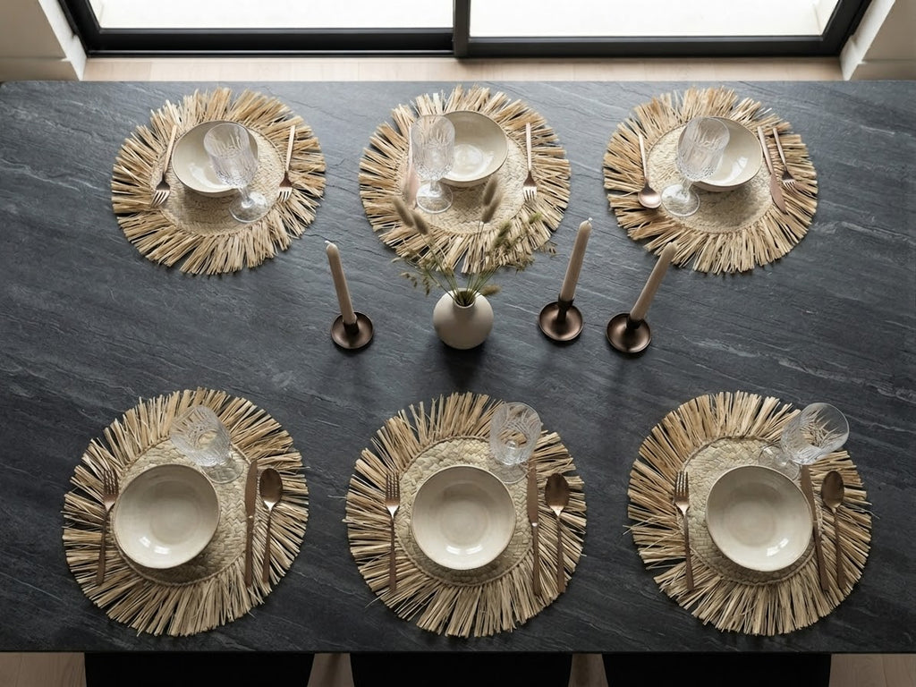 Sets de table ronds en raphia et fibre naturelle – lot 6 pièces artisanat marocain fait main