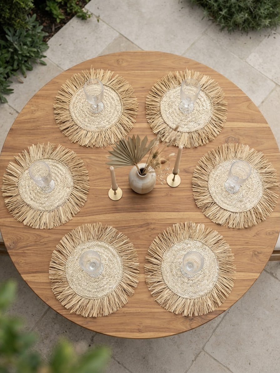 Set de table bohème en raphia et fibre naturelle fait main – lot de 6 artisanat marocain