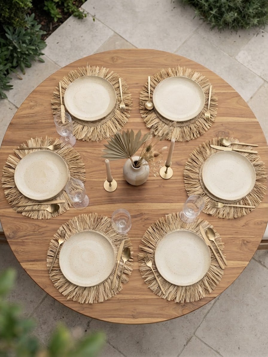 Lot 6 sets de table en raphia naturel à franges – table dressée style bohème marocain