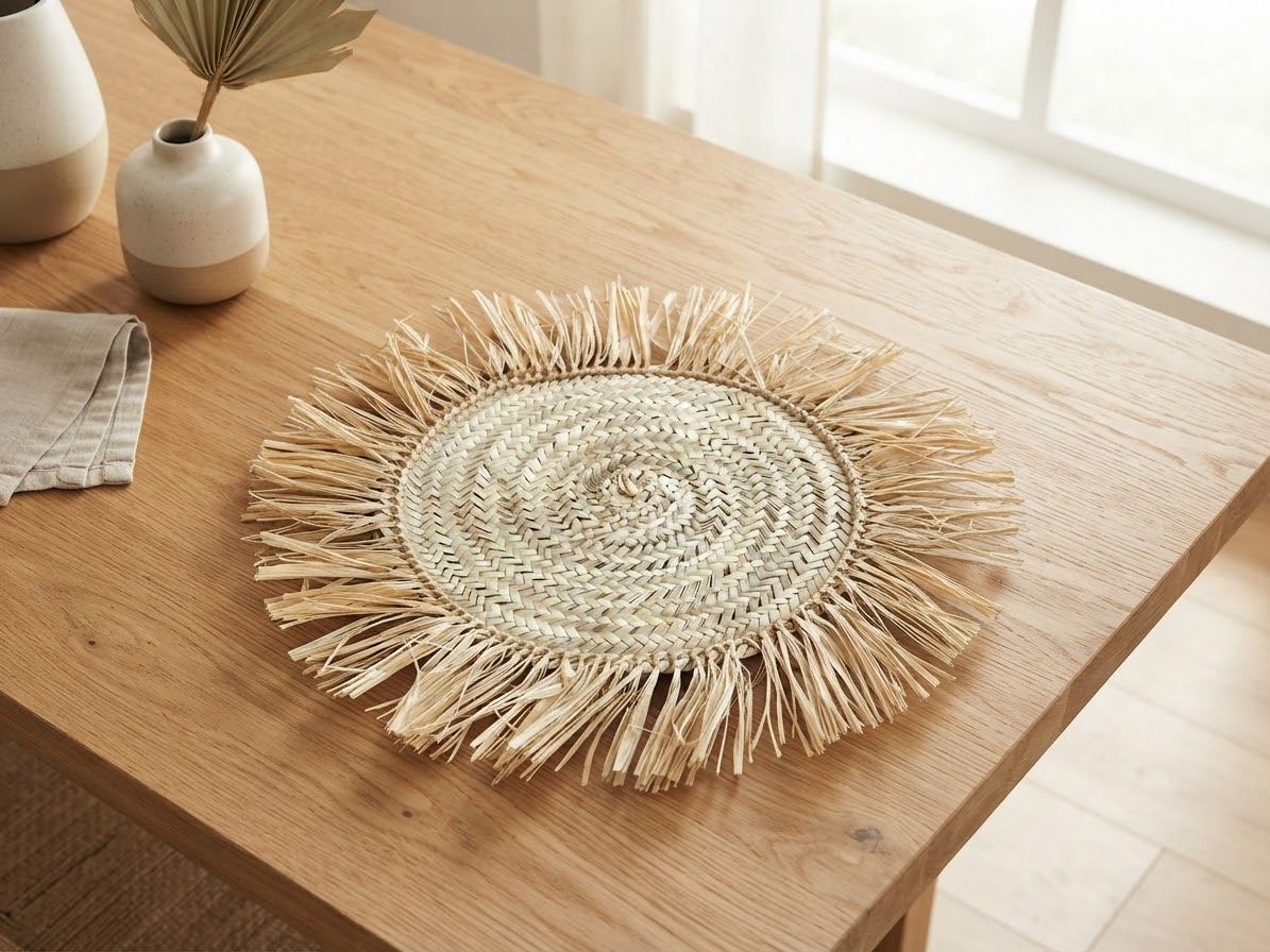 Set de table rond en raphia tressé à franges fait main – artisanat marocain naturel