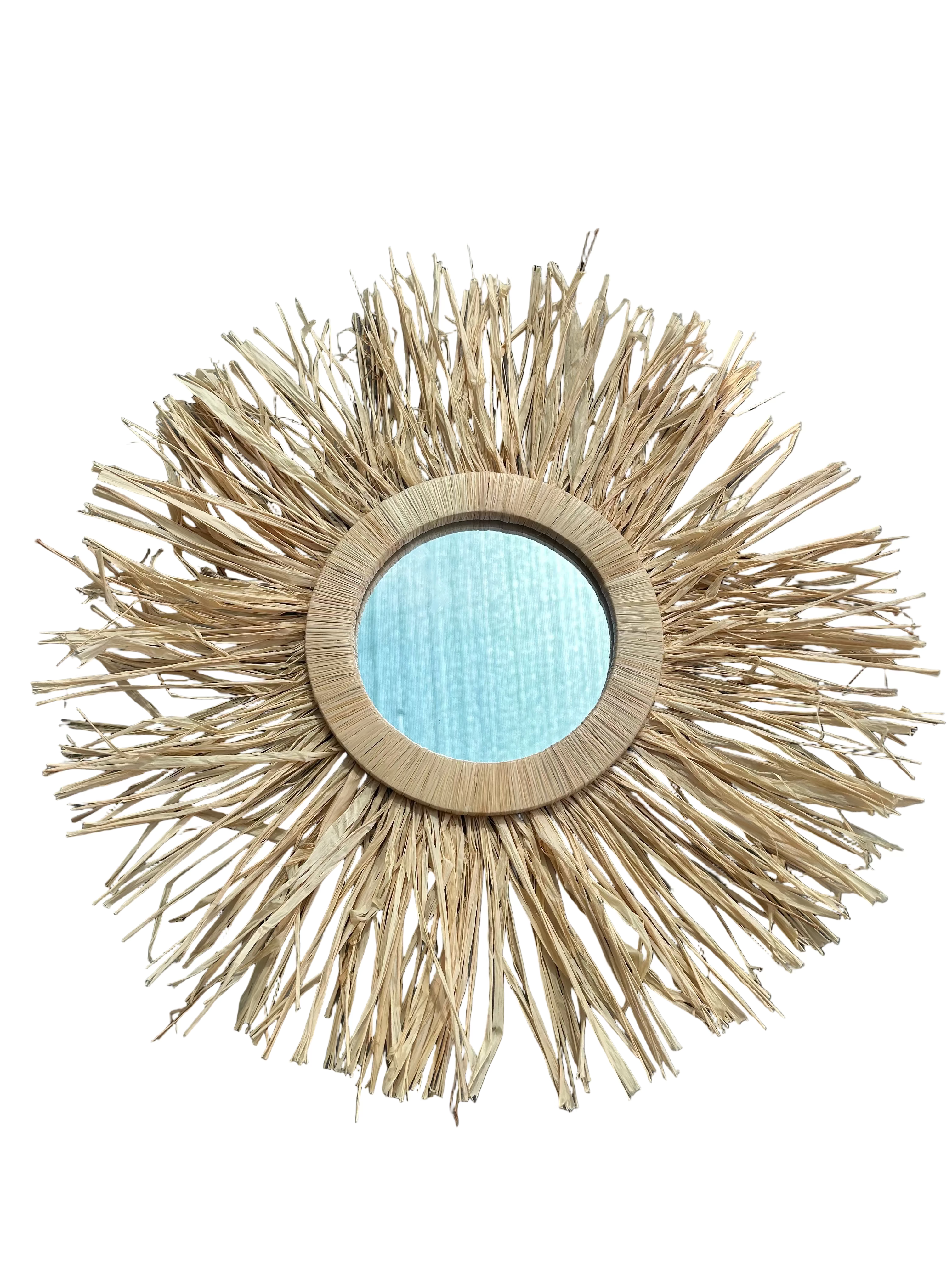 Miroir en raphia naturel fait main – décoration murale boho marocaine