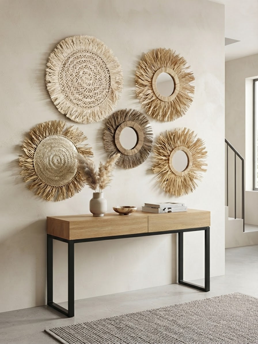 Lot miroirs muraux en raphia et fibres naturelles fait main – décoration entrée style boho