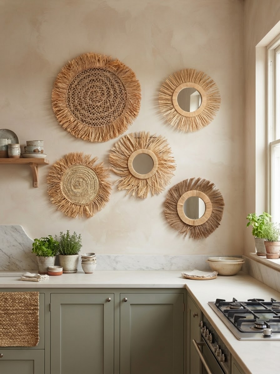 Lot décoration murale miroirs en raphia et cordelette fait main – style boho marocain