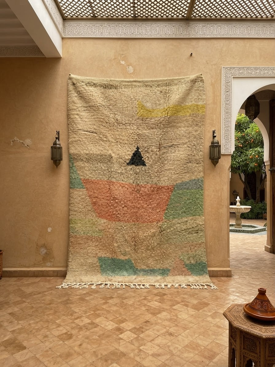 Détail tapis Beni Ourain – motifs géométriques abstraits rose poudré, vert sauge et triangle anthracite sur fond ivoire naturel