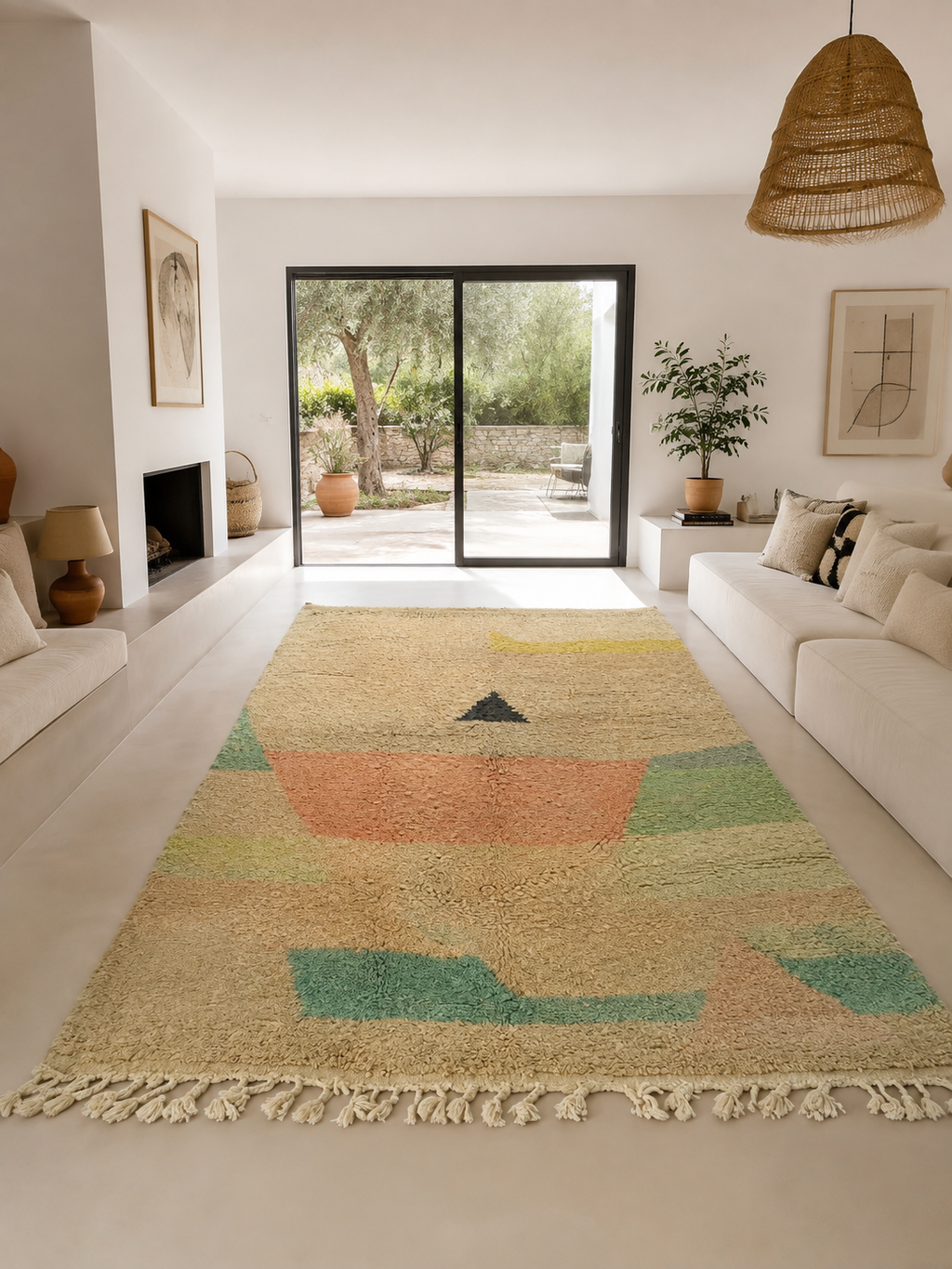 Détail du coin d'un tapis marocain fait main – laine épaisse rose, vert sauge et jaune, revers tissé artisanal visible